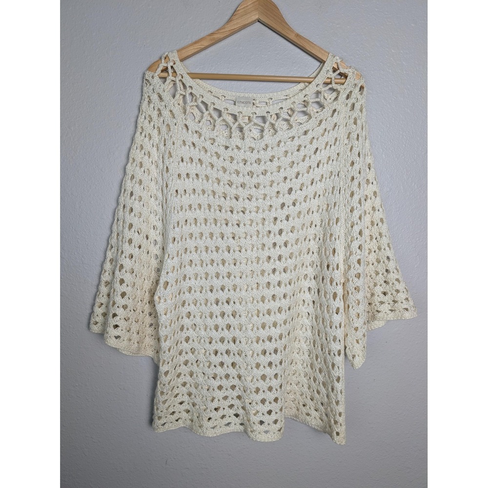 Chico's Sweater Pullover Womens 3 White Crochet Open-Knit Boat Neck Sheer Kimono